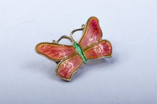 Antique Art Deco Sterling Silver John Atkins Pink Enamel Butterfly Brooch C1900