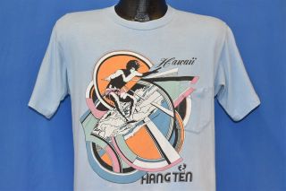 Vintage 70s Hang Ten Hawaii Surfing Surf 2 Sided Blue Cotton Pocket T - Shirt M