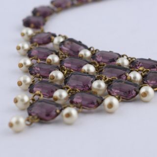 VTG 1930’s ART DECO AMETHYST GLASS PEARL DANGLE BIB NECKLACE 3