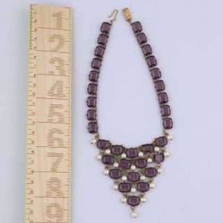 VTG 1930’s ART DECO AMETHYST GLASS PEARL DANGLE BIB NECKLACE 4