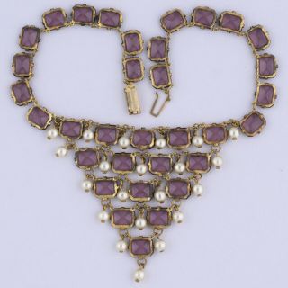 VTG 1930’s ART DECO AMETHYST GLASS PEARL DANGLE BIB NECKLACE 7