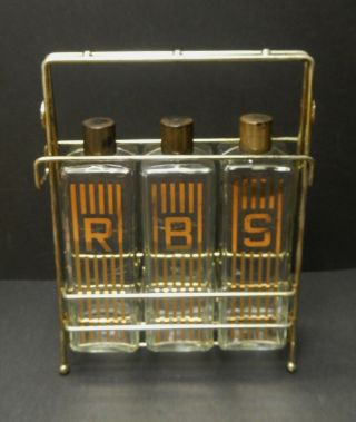 Vintage Mid - Century Gold Trimmed Barware Liquor Decanter Set Metal Glass S R B