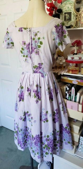 Vintage 1950 ' s Lavender Floral Cotton Day Dress with Cirlce Skirt Pin - Up Girl 7