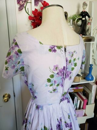 Vintage 1950 ' s Lavender Floral Cotton Day Dress with Cirlce Skirt Pin - Up Girl 8