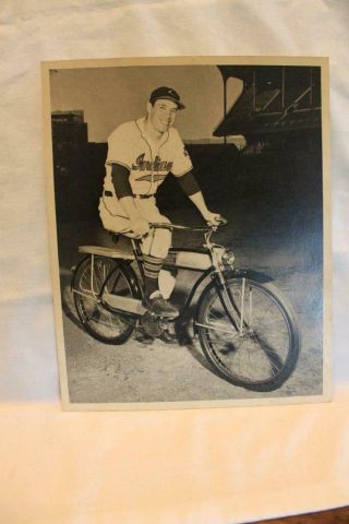 Vintage Black & White Photo Of Mystery Cleveland Indians Baseball Player On Bike