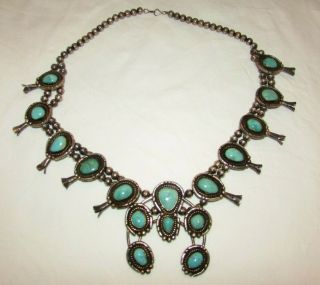 Vintage Navajo Squash Blossom Necklace Sterling Silver And Turquoise Large 260g