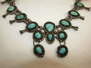 Vintage Navajo Squash Blossom Necklace Sterling Silver And Turquoise Large 260g 2