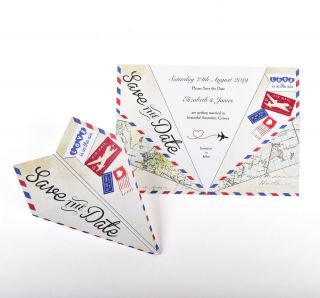 Save The Date Paper Airplane Cards - Destination Wedding Airmail Vintage Pastel