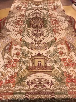 Vintage Japanese Scene Damask Tapestry Fringed Bedspread Bed Covering 96 X 86 "