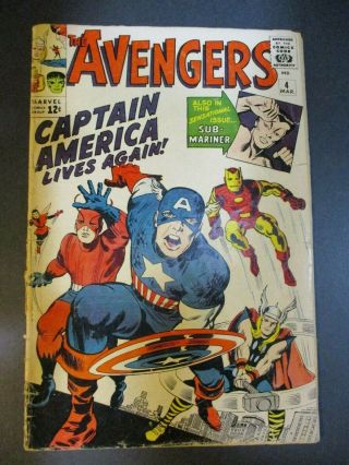 Marvel Comics Avengers 4 Gd 2.  5 1964 First Captain America Vintage Comic
