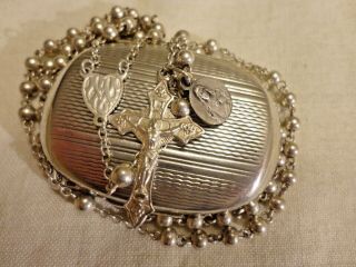 Antique Sterling Silver Rosary (800) Italian Solid Silver Box Case Vintage