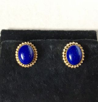 Large Vintage 9ct 9k 375 Gold Lapis Lazuli Rope Border Stud Earrings Full H’mark