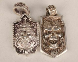 2 Old Tibetan Silver Hand - Carved Skull Lion King Statue Unique Combo Pendant