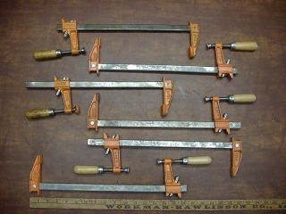 Old Tools,  6 Vintage Jorgensen 3712 Wood Handled Bar Clamp,  12 " Capacity,  Usa