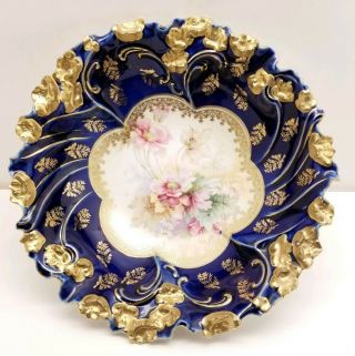 Antique Rs Prussia? Large Bowl 10” Cobalt Blue Gold Trim Scalloped Edges Flowers