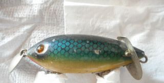 VINTAGE Fishing HEDDON DOWAGIAC Wooden lure,  Glass Eyes Rare Blue scale 3