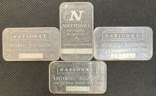 (4) National Refiners Assayers Silver 1 Oz Bar.  999 Vintage Bars Maple Leaf Nr