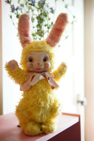 Vintage Rushton Rubber Face Faced Yellow Plush Bunny Rabbit,  Bonus Kewpie 3