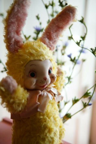 Vintage Rushton Rubber Face Faced Yellow Plush Bunny Rabbit,  Bonus Kewpie 4