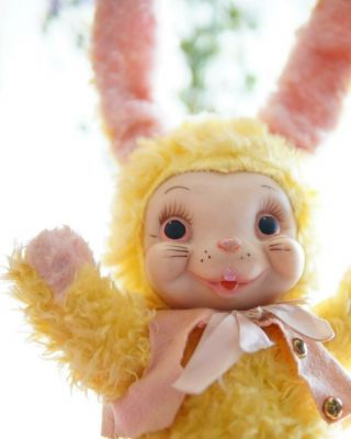 Vintage Rushton Rubber Face Faced Yellow Plush Bunny Rabbit,  Bonus Kewpie 5