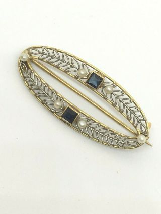 14 Kt Vintage Edwardian Pin With Sapphires And Seed Pearls Yellow & White Gold