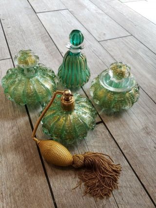 306 Vintage Antique Murano Aventurine Seguso Perfume Bottles Glass Vanity Set