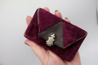 Antique Georgian 1800s Velvet Leather Burgundy Wallet Purse Coin Card Victorian