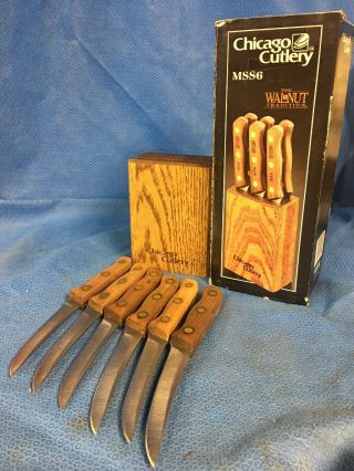 Set 6 Vintage Chicago Cutlery 103s The Walnut Tradition Steak Knives,  Oak Block