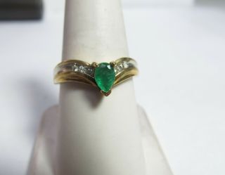 Vintage 10k Solid Gold Ring With Natural Emerald And Diamonds.