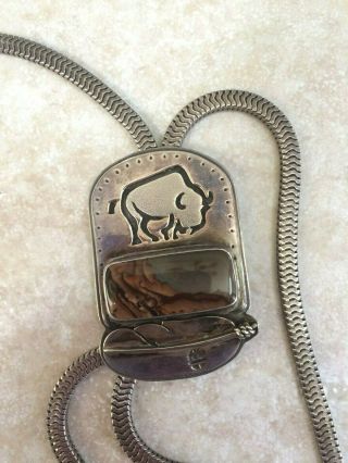Sterling Silver Vintage Native American Bison With Stone Bolo Tie,