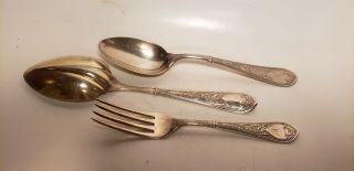 3 Antq Gorham Sterling Silver Serving Spoons - Fork - Pat 1874 - Upside Down Spoon - 7.  3