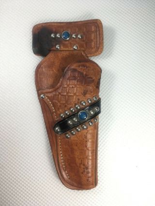 Vintage Toy Gun Holster Leather With Blue & Silver Decoration