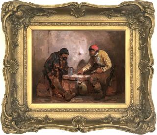 Playing Cards In A Tavern Antique Oil Painting 19th Century Dutch School