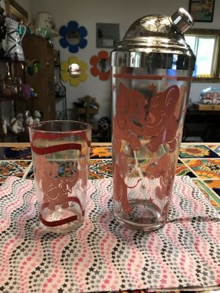 Vintage Hazel Atlas Pink Dancing Elephants Cocktail Shaker Bar Ware & Glass