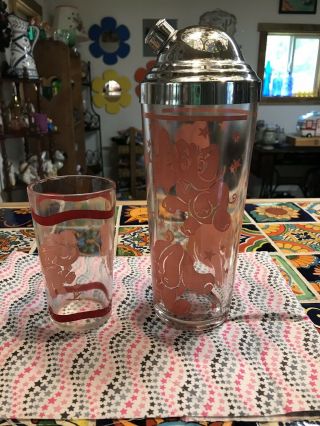 Vintage Hazel Atlas Pink Dancing Elephants Cocktail Shaker Bar Ware & Glass 2