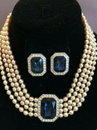 Vtg Kjl Kenneth J.  Lane Pearl Sapphire Necklace & Clip Earrings " Princess Diana "