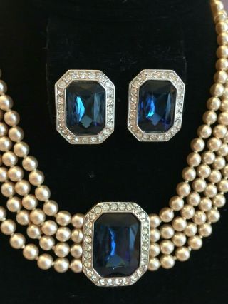 Vtg KJL Kenneth J.  Lane Pearl Sapphire Necklace & Clip Earrings 