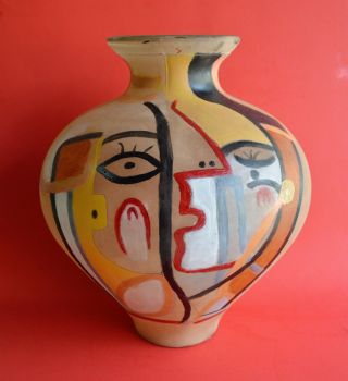 Vintage Large Thick Glass Vase Hand Painted Picasso School Style 12 " Tall