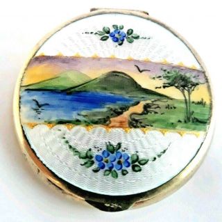 Antique Thomae Co Sterling Silver Compact With Hand Painted Scenic Guilloche Lid