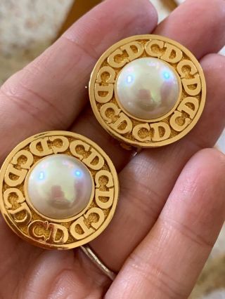 Vintage Christian Dior Gold Tone,  Large Faux Pearl Clip Earrings Cd