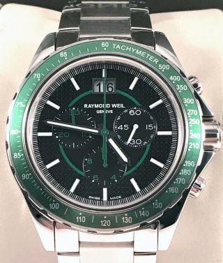 Stunning Raymond Weil Sports Chronograph Men ' s Watch Model 8520 Rare Green Bezel 10