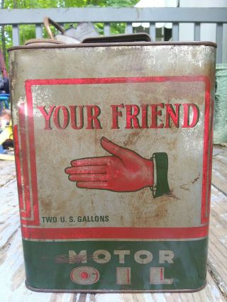 Vintage 2 Gallon Oil Can.  Your Friend Motor Oil.  No Monkey Business.