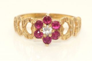 Vintage 1972 9ct Gold Spinel & Ruby Flower Cluster Ring,  Size M 1/2