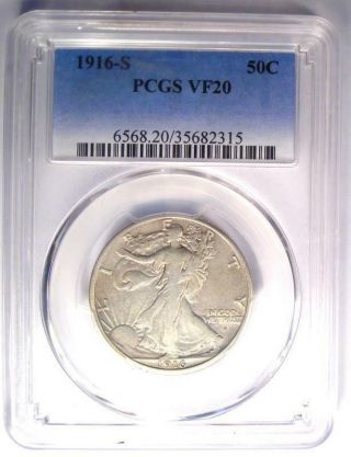 1916 - S Walking Liberty Half Dollar 50C - Certified PCGS VF20 - Rare Date Coin 2