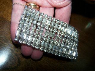 Outstanding Vintage Clear Rhinestone 1 5/8 Inch Wide Bracelet With Safety Chain