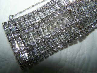 OUTSTANDING Vintage Clear Rhinestone 1 5/8 inch wide Bracelet with Safety Chain 2