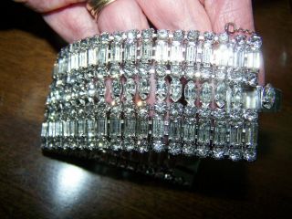 OUTSTANDING Vintage Clear Rhinestone 1 5/8 inch wide Bracelet with Safety Chain 5