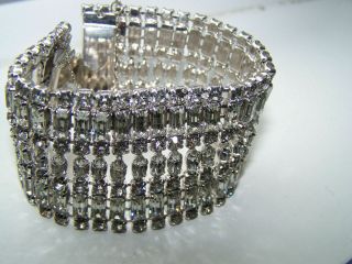 OUTSTANDING Vintage Clear Rhinestone 1 5/8 inch wide Bracelet with Safety Chain 6