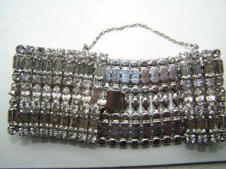 OUTSTANDING Vintage Clear Rhinestone 1 5/8 inch wide Bracelet with Safety Chain 7