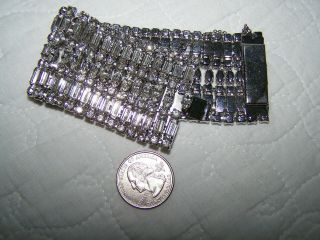 OUTSTANDING Vintage Clear Rhinestone 1 5/8 inch wide Bracelet with Safety Chain 8